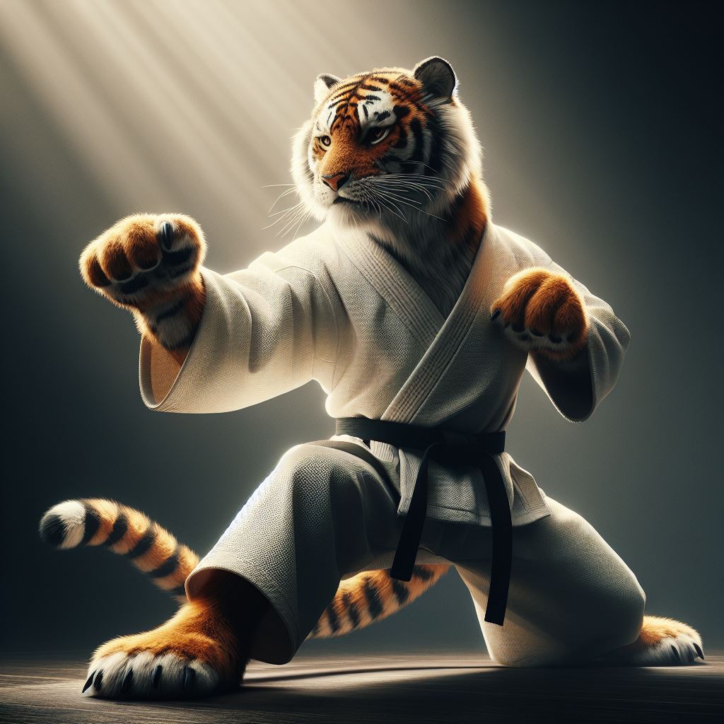 Tiger im Karate-Anzug in Kampfstellung (KI-generiert mit Microsoft Copilot)
